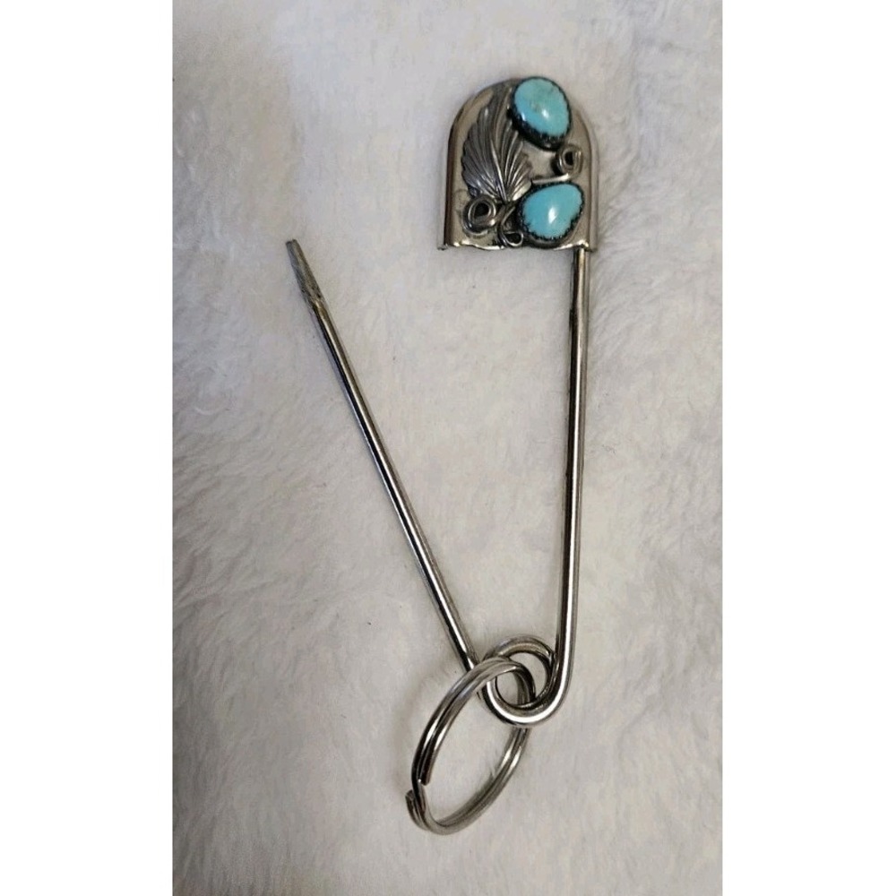 Vtg Turquoise Large Safety Pin Keychain Native American Style 3 Inch - Picture 5 of 5